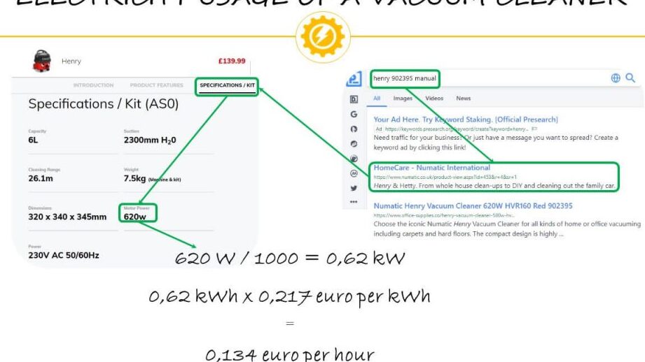 Consumo de energía de la aspiradora y costo de electricidad.